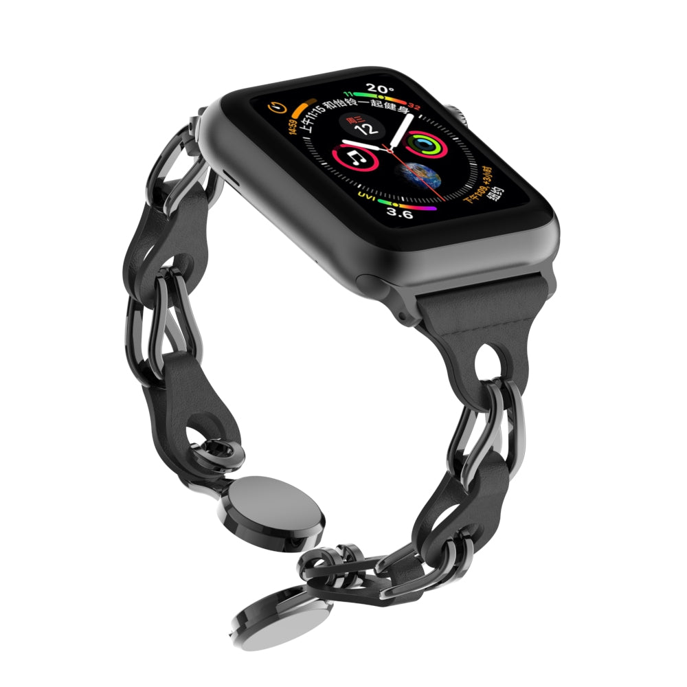 Uniqkart for Apple Watch Ultra 49mm / Series 8 7 45mm / 6 5 4 SE (2022) SE 44mm / 3 2 1 42mm Leather+Stainless Steel Chain Magnetic Buckle Watch Strap - Black Uniqkart for Apple Watch Ultra 49mm / Series 8 7 45mm / 6 5 4 SE (2022) SE 44mm / 3 2 1 42mm Leather+Stainless Steel Chain Magnetic Buckle Watch Strap - Black